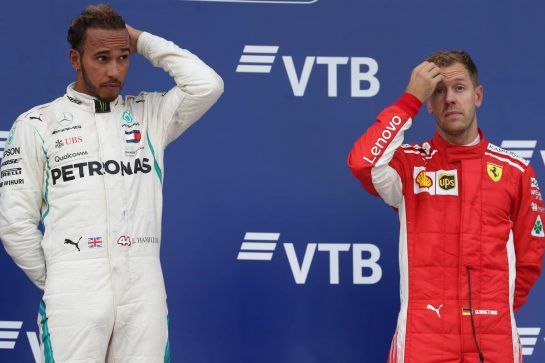 1st place Lewis Hamilton (GBR) Mercedes AMG F1 W09 and 3rd place Sebastian Vettel (GER) Ferrari SF71H.
30.09.2018. Formula 1 World Championship, Rd 16, Russian Grand Prix, Sochi Autodrom, Sochi, Russia, Race Day.
- www.xpbimages.com, EMail: requests@xpbimages.com - copy of publication required for printed pictures. Every used picture is fee-liable. © Copyright: Batchelor / XPB Images