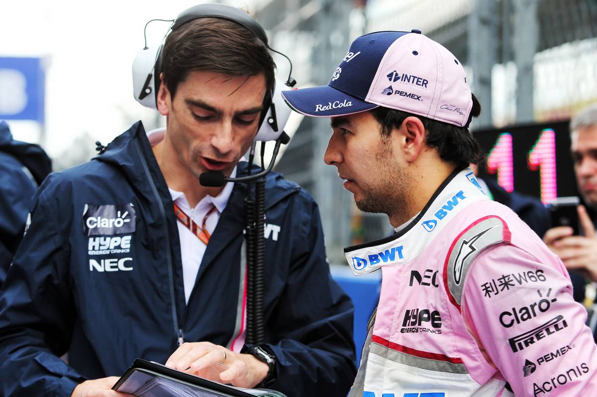 Sergio Perez (MEX) Racing Point Force India F1 Team with Tim Wright (GBR) Racing Point Force India F1