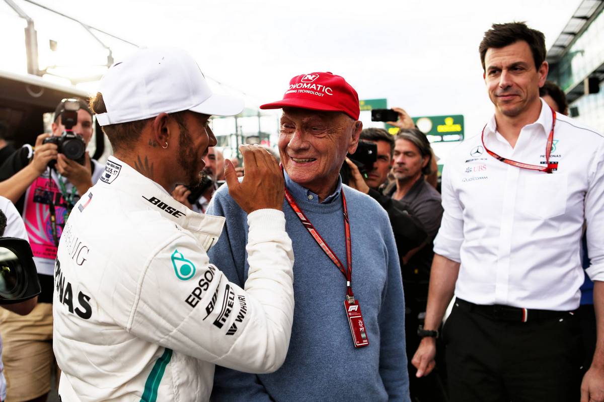 Lewis Hamilton (GBR) Mercedes AMG F1 celebrates his pole position with Niki Lauda (AUT) Mercedes Non-Executive Chairman.