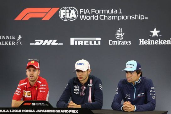 Sebastian Vettel (GER) Scuderia Ferrari,Esteban Ocon (FRA) Force India F1 and Lance Stroll (CDN) Williams F1 Team
04.10.2018. Formula 1 World Championship, Rd 17, Japanese Grand Prix, Suzuka, Japan, Preparation Day.
- www.xpbimages.com, EMail: requests@xpbimages.com - copy of publication required for printed pictures. Every used picture is fee-liable. © Copyright: Charniaux / XPB Images