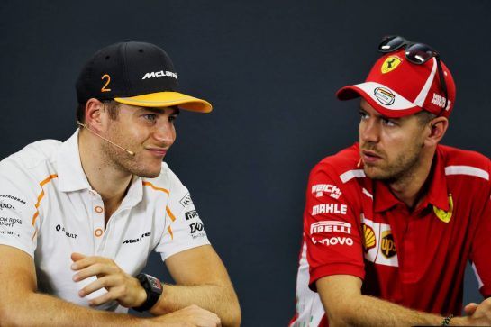 (L to R): Stoffel Vandoorne (BEL) McLaren with Sebastian Vettel (GER) Ferrari in the FIA Press Conference.
04.10.2018. Formula 1 World Championship, Rd 17, Japanese Grand Prix, Suzuka, Japan, Preparation Day.
- www.xpbimages.com, EMail: requests@xpbimages.com - copy of publication required for printed pictures. Every used picture is fee-liable. © Copyright: Photo4 / XPB Images