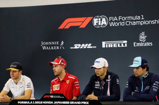 The FIA Press Conference (L to R): Stoffel Vandoorne (BEL) McLaren; Sebastian Vettel (GER) Ferrari; Esteban Ocon (FRA) Racing Point Force India F1 Team; Lance Stroll (CDN) Williams.
04.10.2018. Formula 1 World Championship, Rd 17, Japanese Grand Prix, Suzuka, Japan, Preparation Day.
- www.xpbimages.com, EMail: requests@xpbimages.com - copy of publication required for printed pictures. Every used picture is fee-liable. © Copyright: Photo4 / XPB Images