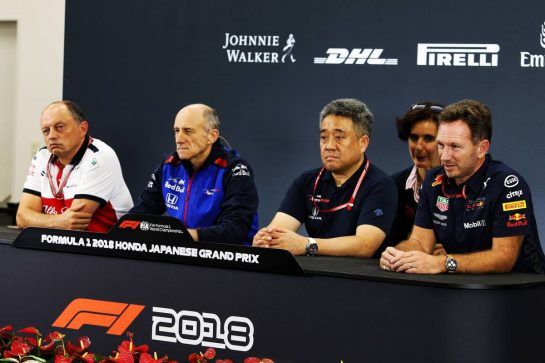 The FIA Press Conference (L to R): Frederic Vasseur (FRA) Sauber F1 Team, Team Principal; Franz Tost (AUT) Scuderia Toro Rosso Team Principal; Toyoharu Tanabe (JPN) Honda F1 Technical Director; Christian Horner (GBR) Red Bull Racing Team Principal.
05.10.2018. Formula 1 World Championship, Rd 17, Japanese Grand Prix, Suzuka, Japan, Practice Day.
- www.xpbimages.com, EMail: requests@xpbimages.com - copy of publication required for printed pictures. Every used picture is fee-liable. © Copyright: Moy / XPB Images