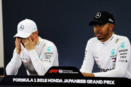 (L to R): Valtteri Bottas (FIN) Mercedes AMG F1 and team mate Lewis Hamilton (GBR) Mercedes AMG F1 in the post qualifying FIA Press Conference.
06.10.2018. Formula 1 World Championship, Rd 17, Japanese Grand Prix, Suzuka, Japan, Qualifying Day.
- www.xpbimages.com, EMail: requests@xpbimages.com - copy of publication required for printed pictures. Every used picture is fee-liable. © Copyright: Moy / XPB Images