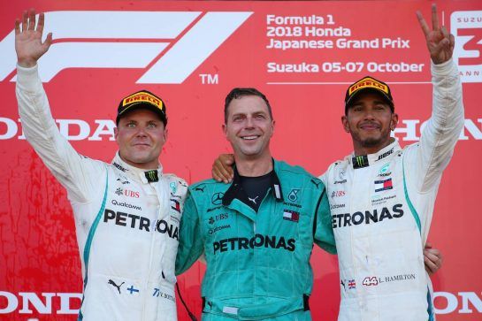 Valtteri Bottas (FIN) Mercedes AMG F1 with Matt Deane and 1st place Lewis Hamilton (GBR) Mercedes AMG F1 W09.
07.10.2018. Formula 1 World Championship, Rd 17, Japanese Grand Prix, Suzuka, Japan, Race Day.
- www.xpbimages.com, EMail: requests@xpbimages.com - copy of publication required for printed pictures. Every used picture is fee-liable. © Copyright: Batchelor / XPB Images