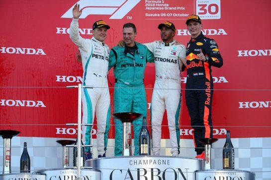 1st place Lewis Hamilton (GBR) Mercedes AMG F1 W09 with 2nd place Valtteri Bottas (FIN) Mercedes AMG F1 and 3rd place Max Verstappen (NLD) Red Bull Racing RB14.
07.10.2018. Formula 1 World Championship, Rd 17, Japanese Grand Prix, Suzuka, Japan, Race Day.
- www.xpbimages.com, EMail: requests@xpbimages.com - copy of publication required for printed pictures. Every used picture is fee-liable. © Copyright: Batchelor / XPB Images