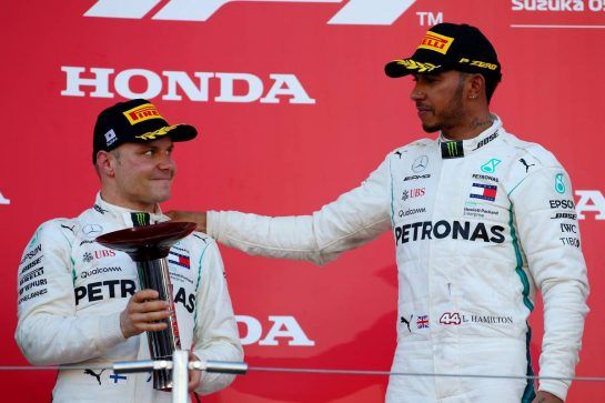 Valtteri Bottas (FIN) Mercedes AMG F1 and 1st place Lewis Hamilton (GBR) Mercedes AMG F1 W09.
07.10.2018. Formula 1 World Championship, Rd 17, Japanese Grand Prix, Suzuka, Japan, Race Day.
- www.xpbimages.com, EMail: requests@xpbimages.com - copy of publication required for printed pictures. Every used picture is fee-liable. © Copyright: Batchelor / XPB Images