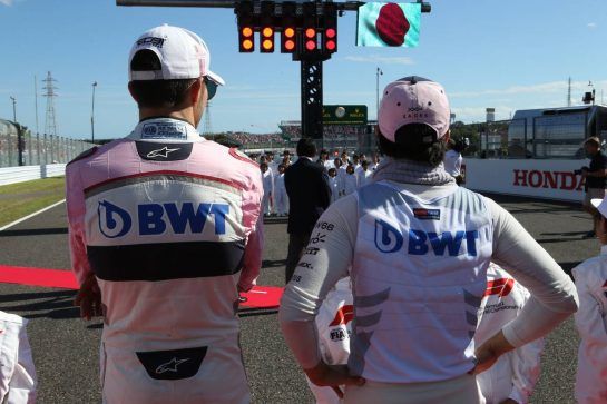 Esteban Ocon (FRA) Sahara Force India F1 VJM11 and Sergio Perez (MEX) Sahara Force India F1 VJM11.
07.10.2018. Formula 1 World Championship, Rd 17, Japanese Grand Prix, Suzuka, Japan, Race Day.
- www.xpbimages.com, EMail: requests@xpbimages.com - copy of publication required for printed pictures. Every used picture is fee-liable. © Copyright: Batchelor / XPB Images