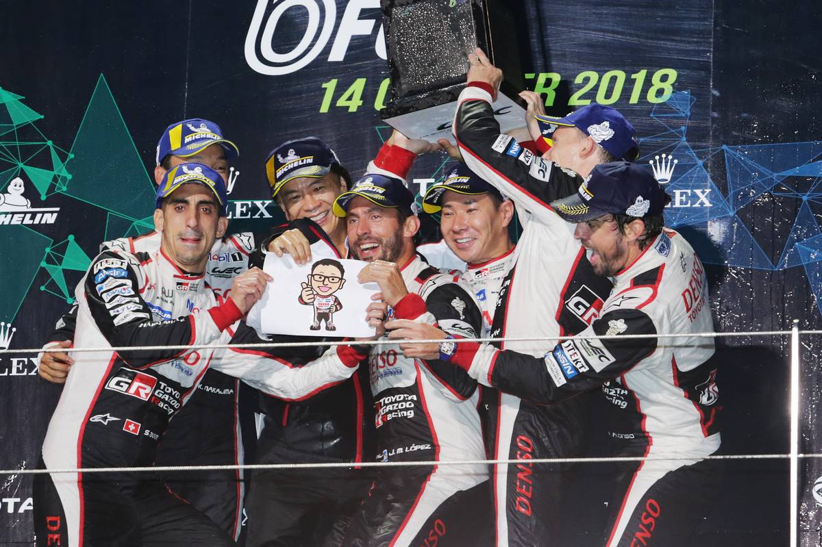 Toyota Gazoo Racing celebrate a 1-2 finish on the podium (L to R): Kazuki Nakajima (JPN); Sebastien Buemi (SUI); Shigeki Tomoyama (JPN) President Gazoo Racing Company; Jose Maria Lopez (ARG); Mike Conway (GBR); Kamui Kobayashi (JPN); Fernando Alonso (ESP).
