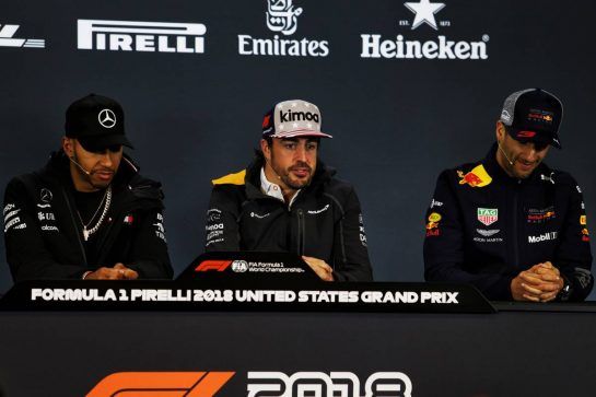 The FIA Press Conference (L to R): Lewis Hamilton (GBR) Mercedes AMG F1; Fernando Alonso (ESP) McLaren; Daniel Ricciardo (AUS) Red Bull Racing.
18.10.2018. Formula 1 World Championship, Rd 18, United States Grand Prix, Austin, Texas, USA, Preparation Day.
- www.xpbimages.com, EMail: requests@xpbimages.com - copy of publication required for printed pictures. Every used picture is fee-liable. © Copyright: Moy / XPB Images
