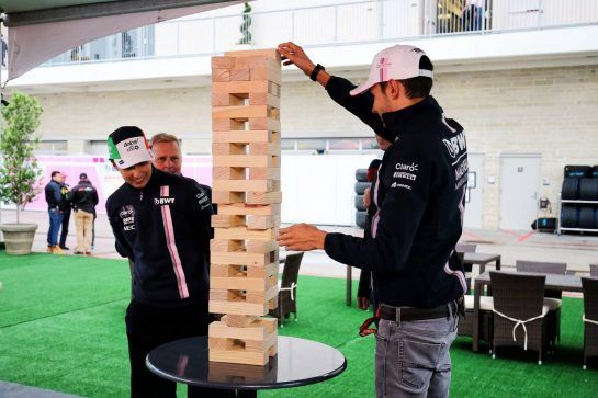 Sergio Perez (MEX) Racing Point Force India F1 Team and team mate Esteban Ocon (FRA) Racing Point Force India F1 Team play giant Jenga with Johnny Herbert (GBR) Sky Sports F1 Presenter and David Croft (GBR) Sky Sports Commentator.
18.10.2018. Formula 1 World Championship, Rd 18, United States Grand Prix, Austin, Texas, USA, Preparation Day.
- www.xpbimages.com, EMail: requests@xpbimages.com - copy of publication required for printed pictures. Every used picture is fee-liable. © Copyright: Moy / XPB Images