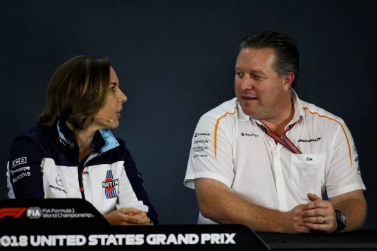 (L to R): Claire Williams (GBR) Williams Deputy Team Principal and Zak Brown (USA) McLaren Executive Director in the FIA Press Conference.
19.10.2018. Formula 1 World Championship, Rd 18, United States Grand Prix, Austin, Texas, USA, Practice Day.
- www.xpbimages.com, EMail: requests@xpbimages.com - copy of publication required for printed pictures. Every used picture is fee-liable. © Copyright: Batchelor / XPB Images