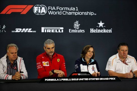 The FIA Press Conference (L to R): Gene Haas (USA) Haas Automotion President; Maurizio Arrivabene (ITA) Ferrari Team Principal; Claire Williams (GBR) Williams Deputy Team Principal; Zak Brown (USA) McLaren Executive Director.
19.10.2018. Formula 1 World Championship, Rd 18, United States Grand Prix, Austin, Texas, USA, Practice Day.
- www.xpbimages.com, EMail: requests@xpbimages.com - copy of publication required for printed pictures. Every used picture is fee-liable. © Copyright: Batchelor / XPB Images