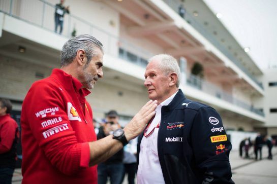 (L to R): Maurizio Arrivabene (ITA) Ferrari Team Principal iw Dr Helmut Marko (AUT) Red Bull Motorsport Consultant.
20.10.2018. Formula 1 World Championship, Rd 18, United States Grand Prix, Austin, Texas, USA, Qualifying Day.
 - www.xpbimages.com, EMail: requests@xpbimages.com - copy of publication required for printed pictures. Every used picture is fee-liable. © Copyright: Price / XPB Images