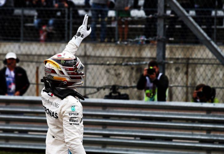 Lewis Hamilton (GBR) Mercedes AMG F1 celebrates pole position for the United States Grand Prix