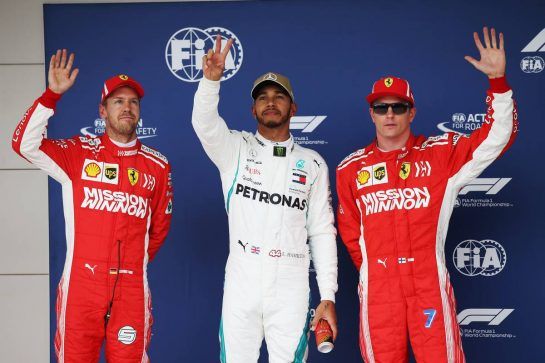 Qualifying top three in parc ferme (L to R): Sebastian Vettel (GER) Ferrari, second; Lewis Hamilton (GBR) Mercedes AMG F1, pole position; Kimi Raikkonen (FIN) Ferrari, third.
20.10.2018. Formula 1 World Championship, Rd 18, United States Grand Prix, Austin, Texas, USA, Qualifying Day.
- www.xpbimages.com, EMail: requests@xpbimages.com - copy of publication required for printed pictures. Every used picture is fee-liable. © Copyright: Batchelor / XPB Images