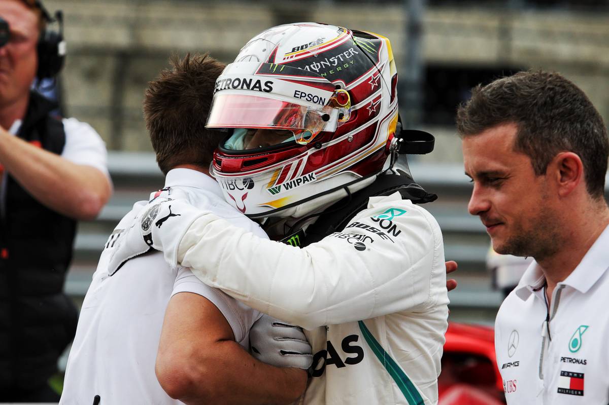 Lewis Hamilton (GBR) Mercedes AMG F1 celebrates his pole position in qualifying parc ferme.