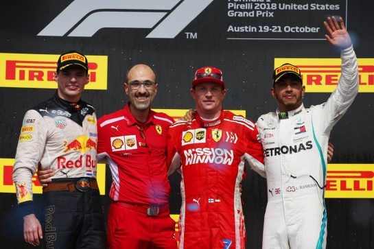 1st place Kimi Raikkonen (FIN) Ferrari SF71H 2nd place Max Verstappen (NLD) Red Bull Racing RB14 and 3rd Sebastian Vettel (GER) Ferrari SF71H.
21.10.2018. Formula 1 World Championship, Rd 18, United States Grand Prix, Austin, Texas, USA, Race Day.
- www.xpbimages.com, EMail: requests@xpbimages.com - copy of publication required for printed pictures. Every used picture is fee-liable. © Copyright: Batchelor / XPB Images