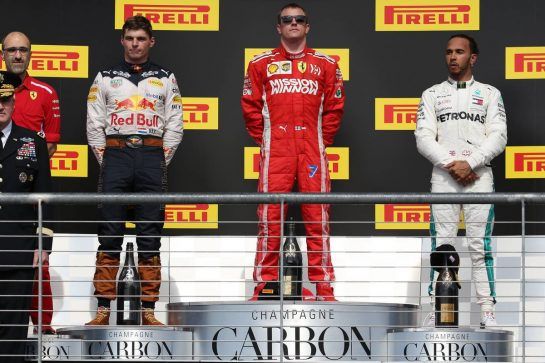 1st place Kimi Raikkonen (FIN) Ferrari SF71H 2nd place Max Verstappen (NLD) Red Bull Racing RB14 and 3rd Sebastian Vettel (GER) Ferrari SF71H.21.10.2018. Formula 1 World Championship, Rd 18, United States Grand Prix, Austin, Texas, USA, Race Day.- www.xpbimages.com, EMail: requests@xpbimages.com - copy of publication required for printed pictures. Every used picture is fee-liable. © Copyright: Batchelor / XPB Images