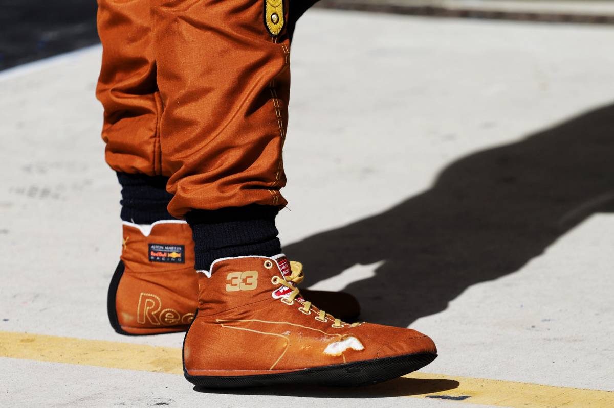 The worn racing boots of Max Verstappen (NLD) Red Bull Racing in parc ferme.