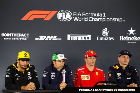 Carlos Sainz Jr (ESP) Renault F1 Team, Sergio Perez (MEX) Sahara Force India F1 , Kimi Raikkonen (FIN) Scuderia Ferrari and Max Verstappen (NLD) Red Bull Racing 
25.10.2018. Formula 1 World Championship, Rd 19, Mexican Grand Prix, Mexico City, Mexico, Preparation Day.
- www.xpbimages.com, EMail: requests@xpbimages.com - copy of publication required for printed pictures. Every used picture is fee-liable. © Copyright: Charniaux / XPB Images