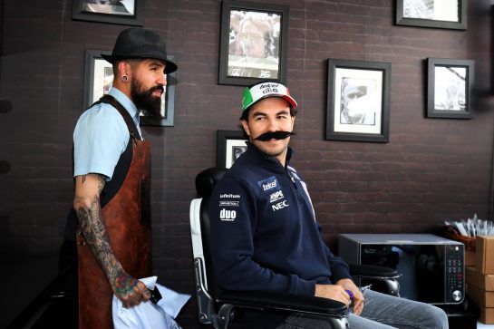 Sergio Perez (MEX) Racing Point Force India F1 Team visits the paddock barbers.
25.10.2018. Formula 1 World Championship, Rd 19, Mexican Grand Prix, Mexico City, Mexico, Preparation Day.
- www.xpbimages.com, EMail: requests@xpbimages.com - copy of publication required for printed pictures. Every used picture is fee-liable. © Copyright: Moy / XPB Images