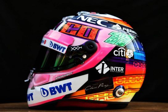 The helmet of Sergio Perez (MEX) Racing Point Force India F1 Team.
25.10.2018. Formula 1 World Championship, Rd 19, Mexican Grand Prix, Mexico City, Mexico, Preparation Day.
- www.xpbimages.com, EMail: requests@xpbimages.com - copy of publication required for printed pictures. Every used picture is fee-liable. © Copyright: Moy / XPB Images