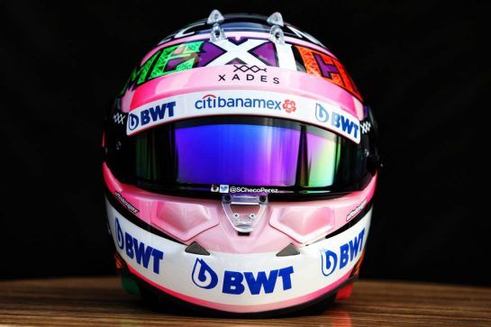 The helmet of Sergio Perez (MEX) Racing Point Force India F1 Team.
25.10.2018. Formula 1 World Championship, Rd 19, Mexican Grand Prix, Mexico City, Mexico, Preparation Day.
- www.xpbimages.com, EMail: requests@xpbimages.com - copy of publication required for printed pictures. Every used picture is fee-liable. © Copyright: Moy / XPB Images