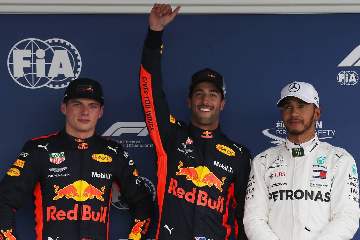 Mexican Grand Prix - pole for Daniel Ricciardo (AUS) Red Bull Racing RB14, 2nd for Max Verstappen (NLD) Red Bull Racing RB14 and 3rd for Lewis Hamilton (GBR) Mercedes 
