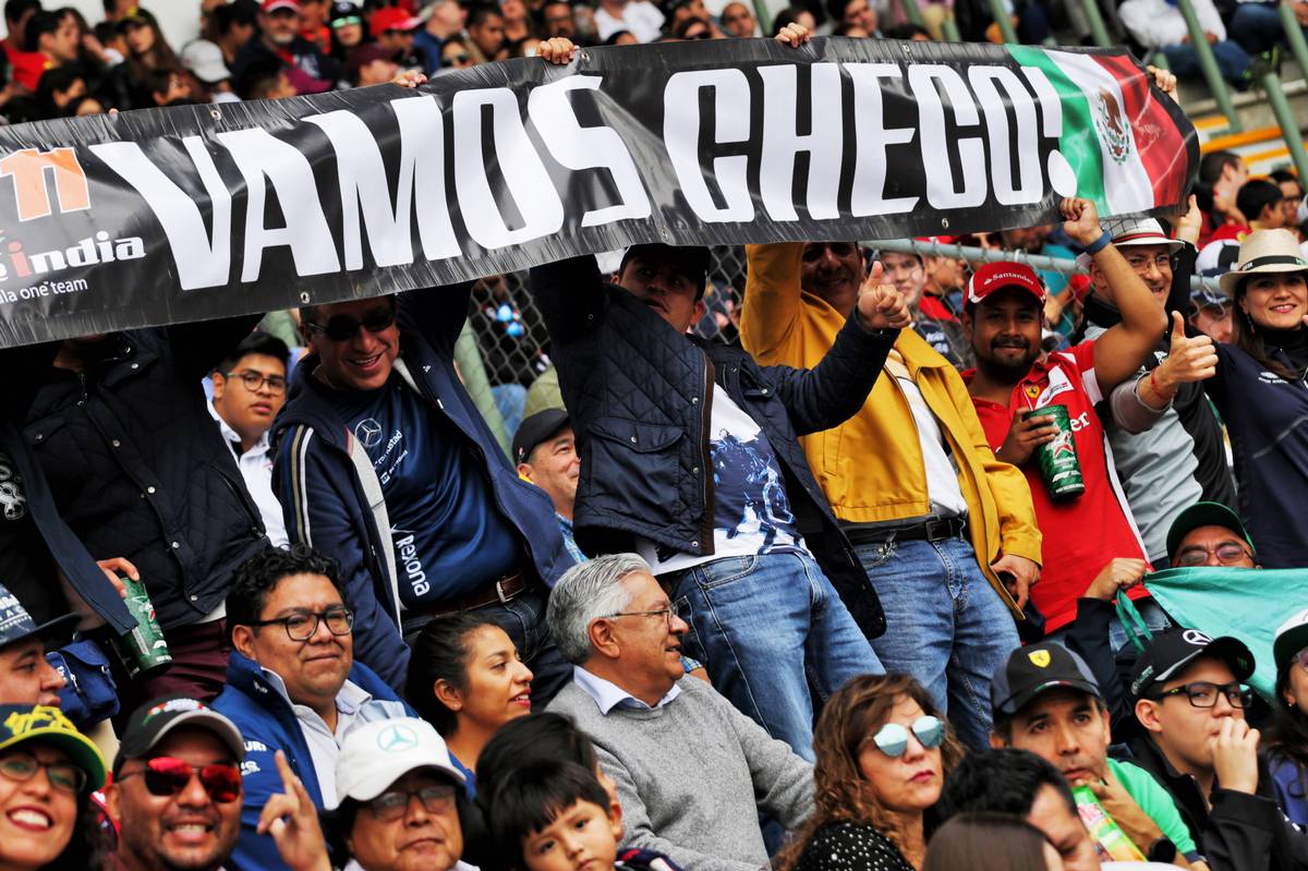 Sergio Perez (MEX) Racing Point Force India F1 Team fans in the grandstand.