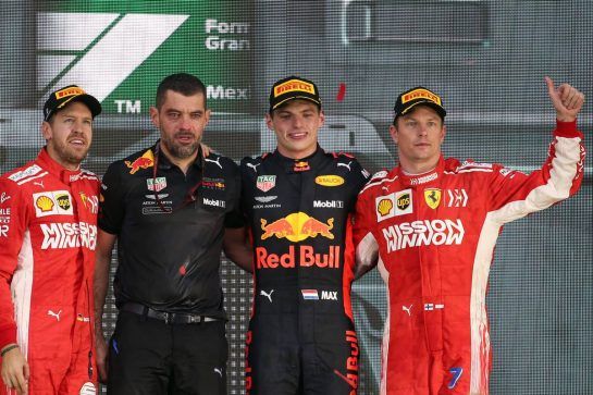 1st place Max Verstappen (NLD) Red Bull Racing RB14, 2nd place Sebastian Vettel (GER) Ferrari SF71H and 3rd place Kimi Raikkonen (FIN) Ferrari SF71H.
28.10.2018. Formula 1 World Championship, Rd 19, Mexican Grand Prix, Mexico City, Mexico, Race Day.
- www.xpbimages.com, EMail: requests@xpbimages.com - copy of publication required for printed pictures. Every used picture is fee-liable. © Copyright: Batchelor / XPB Images
