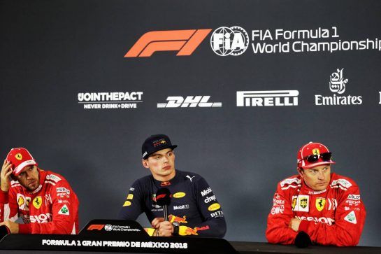 The post race FIA Press Conference (L to R): Sebastian Vettel (GER) Ferrari, second; Max Verstappen (NLD) Red Bull Racing, race winner; Kimi Raikkonen (FIN) Ferrari, third.
28.10.2018. Formula 1 World Championship, Rd 19, Mexican Grand Prix, Mexico City, Mexico, Race Day.
 - www.xpbimages.com, EMail: requests@xpbimages.com - copy of publication required for printed pictures. Every used picture is fee-liable. © Copyright: Bearne / XPB Images