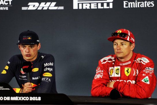 (L to R): Race winner Max Verstappen (NLD) Red Bull Racing and third placed Kimi Raikkonen (FIN) Ferrari in the post race FIA Press Conference.
28.10.2018. Formula 1 World Championship, Rd 19, Mexican Grand Prix, Mexico City, Mexico, Race Day.
 - www.xpbimages.com, EMail: requests@xpbimages.com - copy of publication required for printed pictures. Every used picture is fee-liable. © Copyright: Bearne / XPB Images