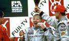 Mika Hakkinen celebrates winning the 1998 world championship after victory in the Japanese Grand Prix in Suzuka.