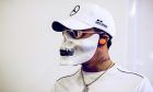 Mercedes driver Lewis Hamilton celebrates Halloween with an appropriately ghostly look.