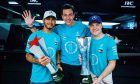 Toto Wolff, Lewis Hamilton and Valtteri Bottas celebrate title success in Brazil in 2018.