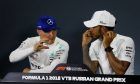 Valtteri Bottas (FIN) Mercedes AMG F1 with team mate Lewis Hamilton (GBR) Mercedes AMG F1 in the post race FIA Press Conference.