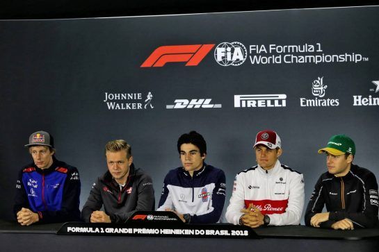 The FIA Press Conference (L to R): Brendon Hartley (NZL) Scuderia Toro Rosso; Kevin Magnussen (DEN) Haas F1 Team; Lance Stroll (CDN) Williams; Marcus Ericsson (SWE) Sauber F1 Team; Stoffel Vandoorne (BEL) McLaren.
08.11.2018. Formula 1 World Championship, Rd 20, Brazilian Grand Prix, Sao Paulo, Brazil, Preparation Day.
- www.xpbimages.com, EMail: requests@xpbimages.com - copy of publication required for printed pictures. Every used picture is fee-liable. © Copyright: Moy / XPB Images
