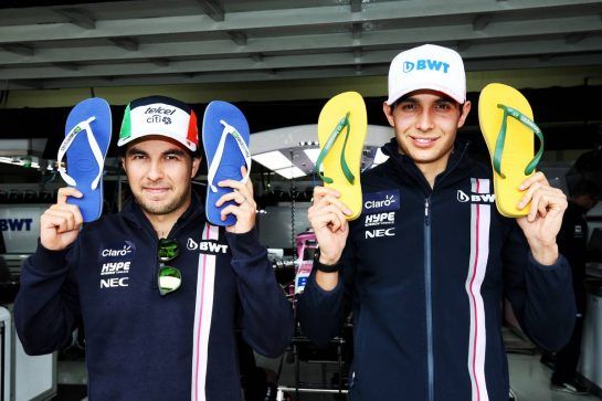(L to R): Sergio Perez (MEX) Racing Point Force India F1 Team and Esteban Ocon (FRA) Racing Point Force India F1 Team - Havaianas.
08.11.2018. Formula 1 World Championship, Rd 20, Brazilian Grand Prix, Sao Paulo, Brazil, Preparation Day.
- www.xpbimages.com, EMail: requests@xpbimages.com - copy of publication required for printed pictures. Every used picture is fee-liable. © Copyright: Moy / XPB Images