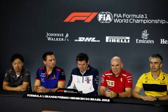 The FIA Press Conference (L to R): Ayao Komatsu (JPN) Haas F1 Team Race Engineer; Jonathan Eddols (GBR) Scuderia Toro Rosso Chief Race Engineer; Rob Smedley (GBR) Williams Head of Vehicle Performance; Jock Clear (GBR) Ferrari Engineering Director; Nick Chester (GBR) Renault Sport F1 Team Chassis Technical Director.
09.11.2018. Formula 1 World Championship, Rd 20, Brazilian Grand Prix, Sao Paulo, Brazil, Practice Day.
- www.xpbimages.com, EMail: requests@xpbimages.com - copy of publication required for printed pictures. Every used picture is fee-liable. © Copyright: Batchelor / XPB Images