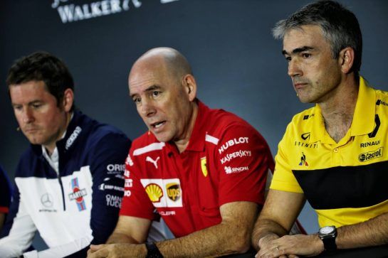 (L to R): Rob Smedley (GBR) Williams Head of Vehicle Performance with Jock Clear (GBR) Ferrari Engineering Director and Nick Chester (GBR) Renault Sport F1 Team Chassis Technical Director in the FIA Press Conference.
09.11.2018. Formula 1 World Championship, Rd 20, Brazilian Grand Prix, Sao Paulo, Brazil, Practice Day.
- www.xpbimages.com, EMail: requests@xpbimages.com - copy of publication required for printed pictures. Every used picture is fee-liable. © Copyright: Batchelor / XPB Images