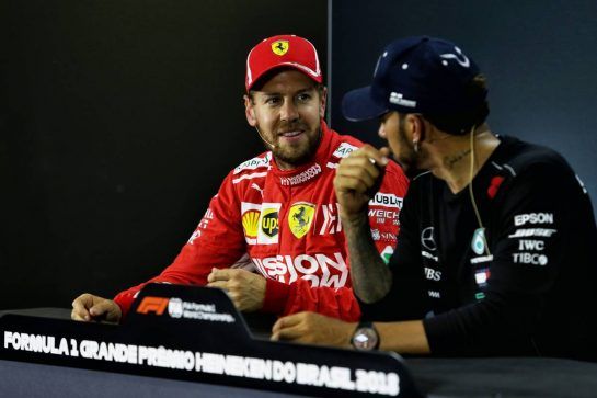 (L to R): Sebastian Vettel (GER) Ferrari with Lewis Hamilton (GBR) Mercedes AMG F1 in the post qualifying FIA Press Conference.
10.11.2018. Formula 1 World Championship, Rd 20, Brazilian Grand Prix, Sao Paulo, Brazil, Qualifying Day.
- www.xpbimages.com, EMail: requests@xpbimages.com - copy of publication required for printed pictures. Every used picture is fee-liable. © Copyright: Moy / XPB Images