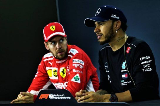 (L to R): Sebastian Vettel (GER) Ferrari with Lewis Hamilton (GBR) Mercedes AMG F1 in the post qualifying FIA Press Conference.
10.11.2018. Formula 1 World Championship, Rd 20, Brazilian Grand Prix, Sao Paulo, Brazil, Qualifying Day.
- www.xpbimages.com, EMail: requests@xpbimages.com - copy of publication required for printed pictures. Every used picture is fee-liable. © Copyright: Moy / XPB Images
