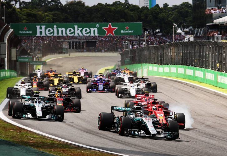 Lewis Hamilton (GBR) Mercedes AMG F1 W09 leads at the start of the Brazilian Grand Prix