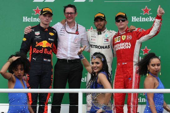 1st place Lewis Hamilton (GBR) Mercedes AMG F1 W09, 2nd Max Verstappen (NLD) Red Bull Racing RB14 and 3rd place Kimi Raikkonen (FIN) Ferrari SF71H.
11.11.2018. Formula 1 World Championship, Rd 20, Brazilian Grand Prix, Sao Paulo, Brazil, Race Day.
- www.xpbimages.com, EMail: requests@xpbimages.com - copy of publication required for printed pictures. Every used picture is fee-liable. © Copyright: Batchelor / XPB Images