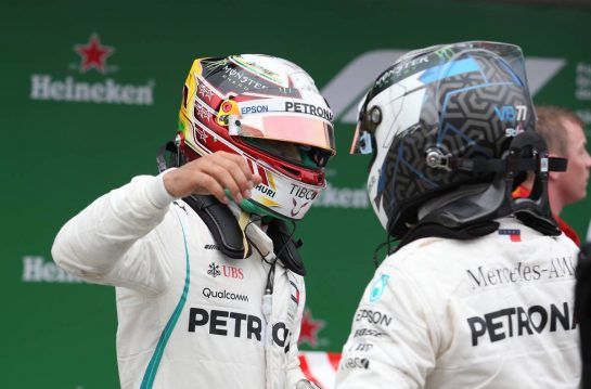 Lewis Hamilton (GBR) Mercedes AMG F1  and Valtteri Bottas (FIN) Mercedes AMG F1 
11.11.2018. Formula 1 World Championship, Rd 20, Brazilian Grand Prix, Sao Paulo, Brazil, Race Day.
- www.xpbimages.com, EMail: requests@xpbimages.com - copy of publication required for printed pictures. Every used picture is fee-liable. © Copyright: Charniaux / XPB Images