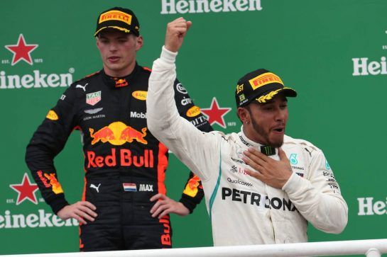 1st place Lewis Hamilton (GBR) Mercedes AMG F1 W09 and 2nd place Max Verstappen (NLD) Red Bull Racing RB14.
11.11.2018. Formula 1 World Championship, Rd 20, Brazilian Grand Prix, Sao Paulo, Brazil, Race Day.
- www.xpbimages.com, EMail: requests@xpbimages.com - copy of publication required for printed pictures. Every used picture is fee-liable. © Copyright: Batchelor / XPB Images