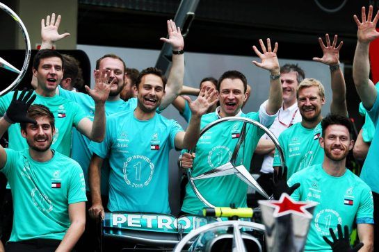 Mercedes AMG F1 celebrates winning the Constructors' Championship.
11.11.2018. Formula 1 World Championship, Rd 20, Brazilian Grand Prix, Sao Paulo, Brazil, Race Day.
- www.xpbimages.com, EMail: requests@xpbimages.com - copy of publication required for printed pictures. Every used picture is fee-liable. © Copyright: Moy / XPB Images
