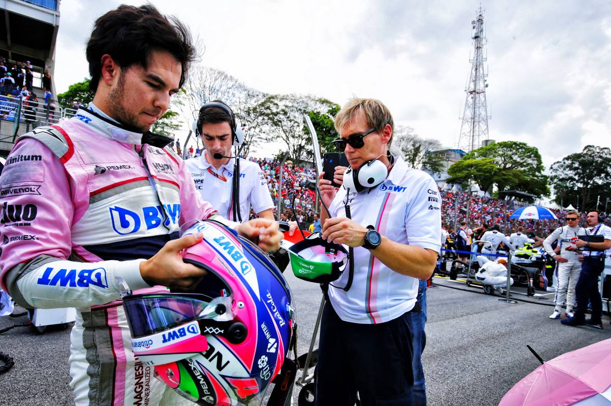 Sergio Perez (MEX) Racing Point Force India F1 Team on the grid.