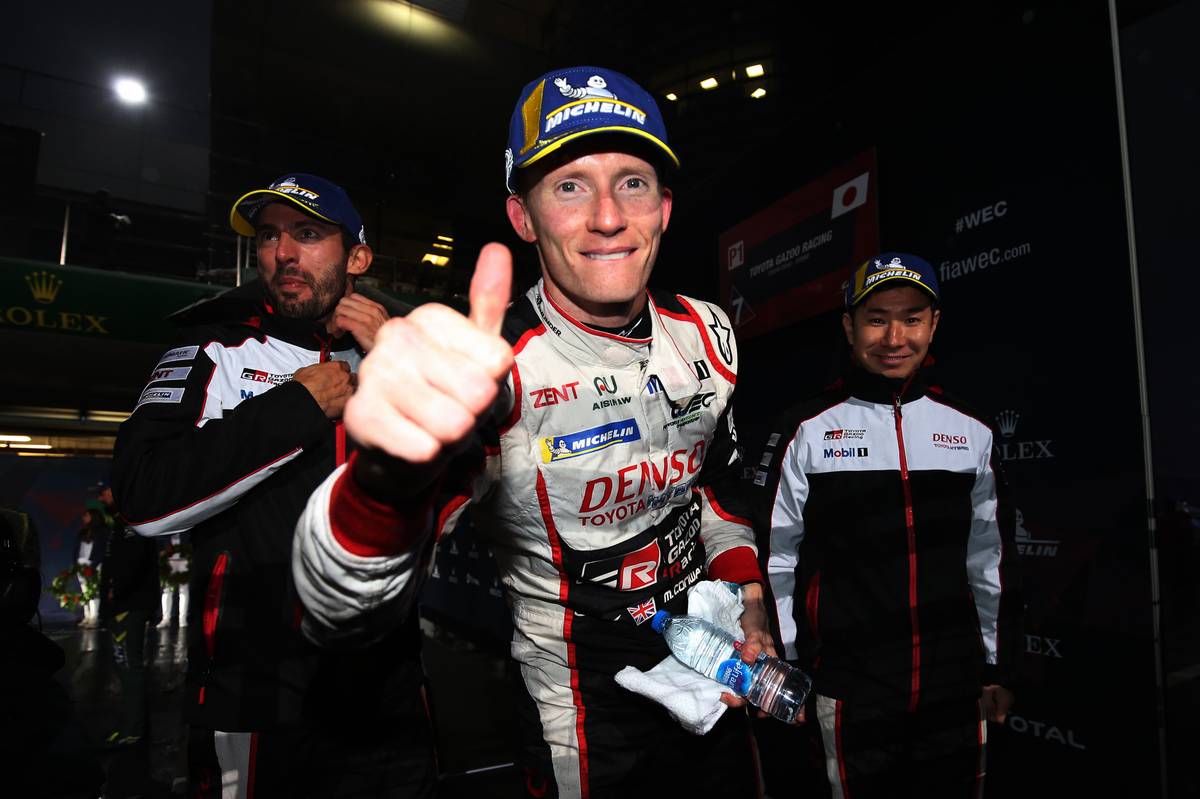 Race winners Jose Maria Lopez (ARG), Mike Conway (GBR), and Kamui Kobayashi (JPN) #07 Toyota Gazoo Racing Toyota TS050 Hybrid.